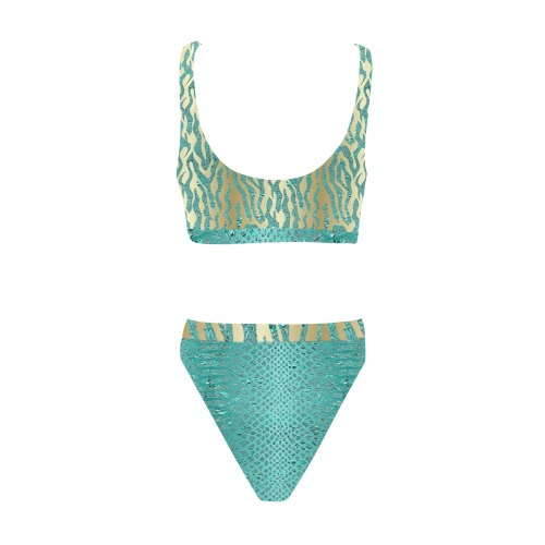 Safari Turquoise Pattern Sport Top & High-Waisted Bikini Swimsuit (Model S07)
