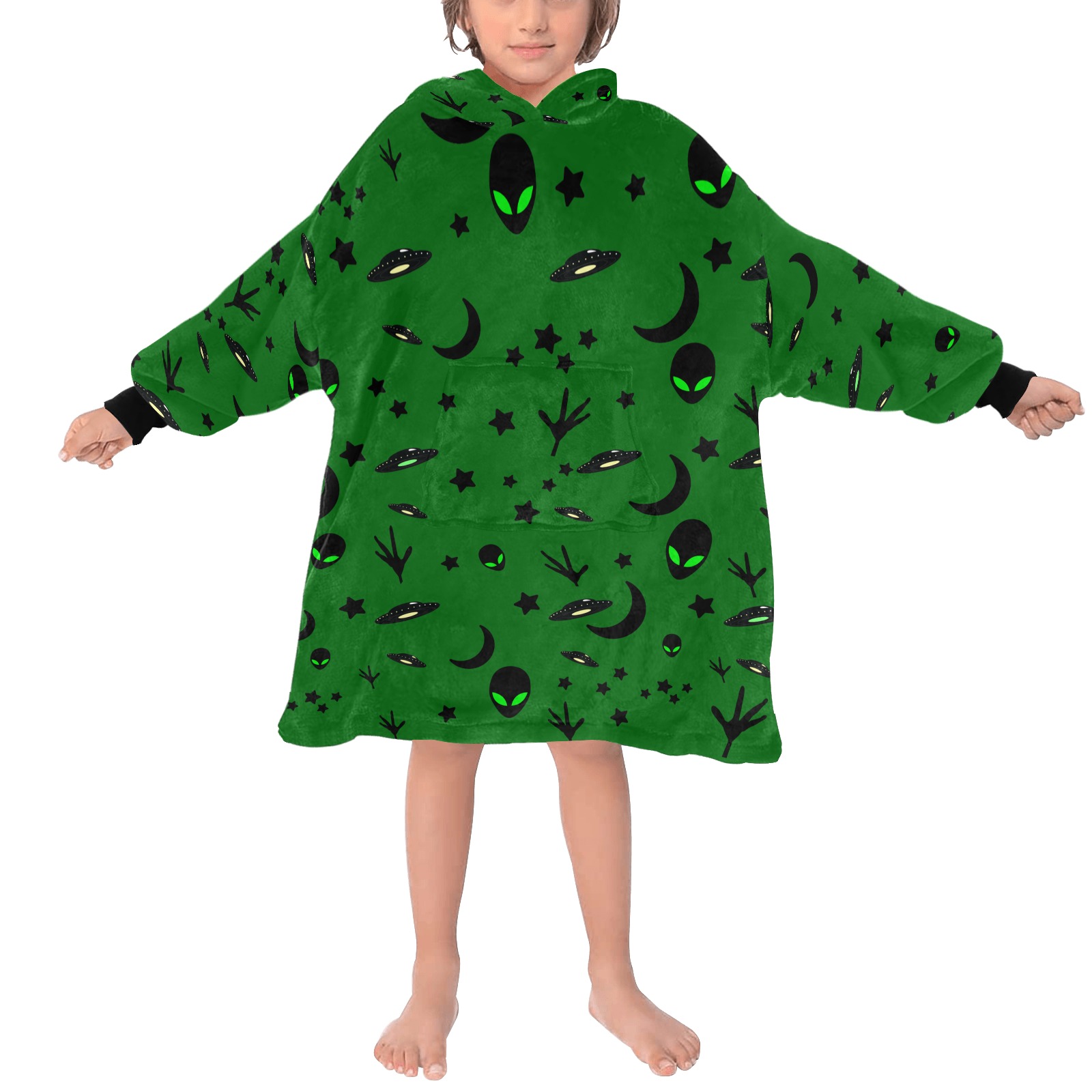 Aliens and Spaceships - Green Blanket Hoodie for Kids