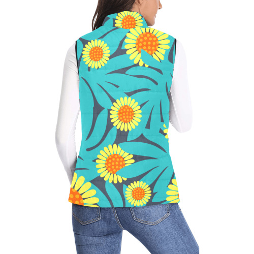 Yellow and Teal Paradise Jungle Flowers and Leaves Women's Padded Vest Jacket (Model H44)