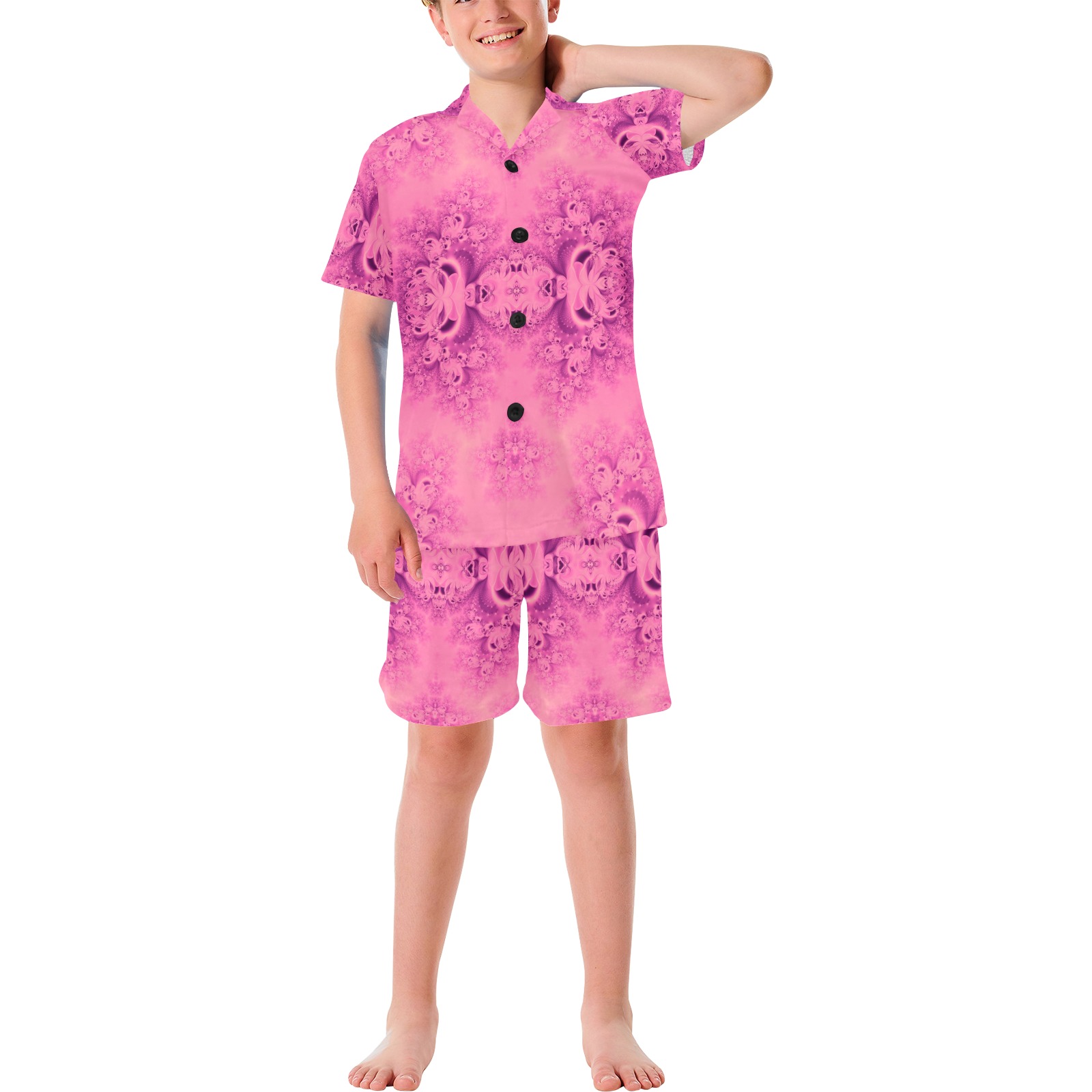 Pink Morning Frost Fractal Big Boys' V-Neck Short Pajama Set