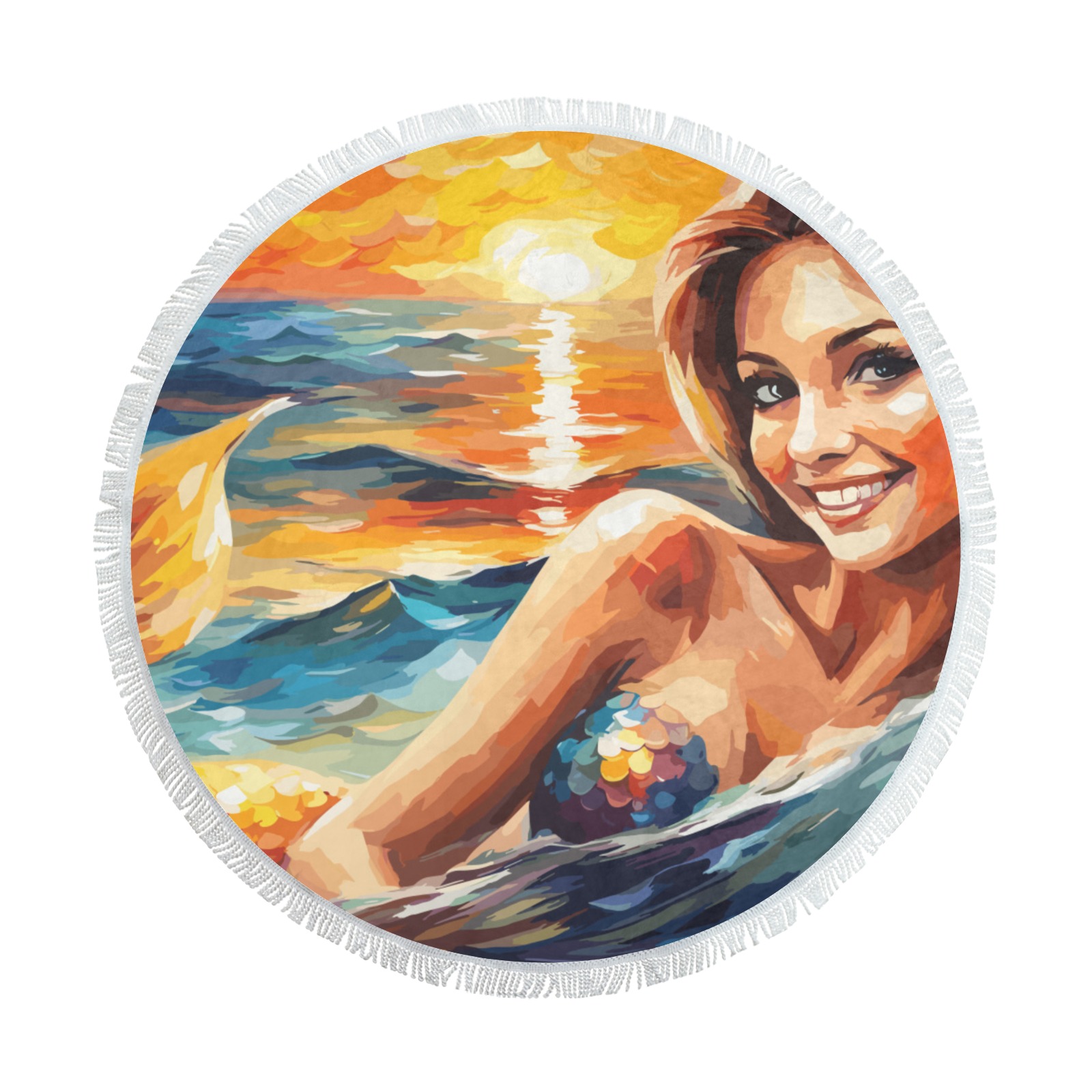 Funny smiling mermaid at sunset. Fantasy art. Circular Beach Shawl Towel 59"x 59"