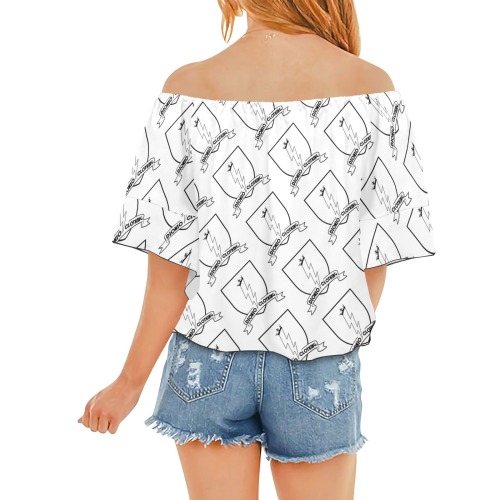 DIONIO Clothing - Women's Off Shoulder Knot Front Blouse (White DC Logos) Off Shoulder Knot Front Blouse (Model T71)