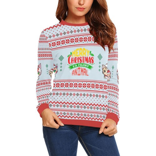 Merry Christmas You Filthy Animal Kawii Cats Ugly Sweater (B) All Over Print Crewneck Sweatshirt for Women (Model H18)