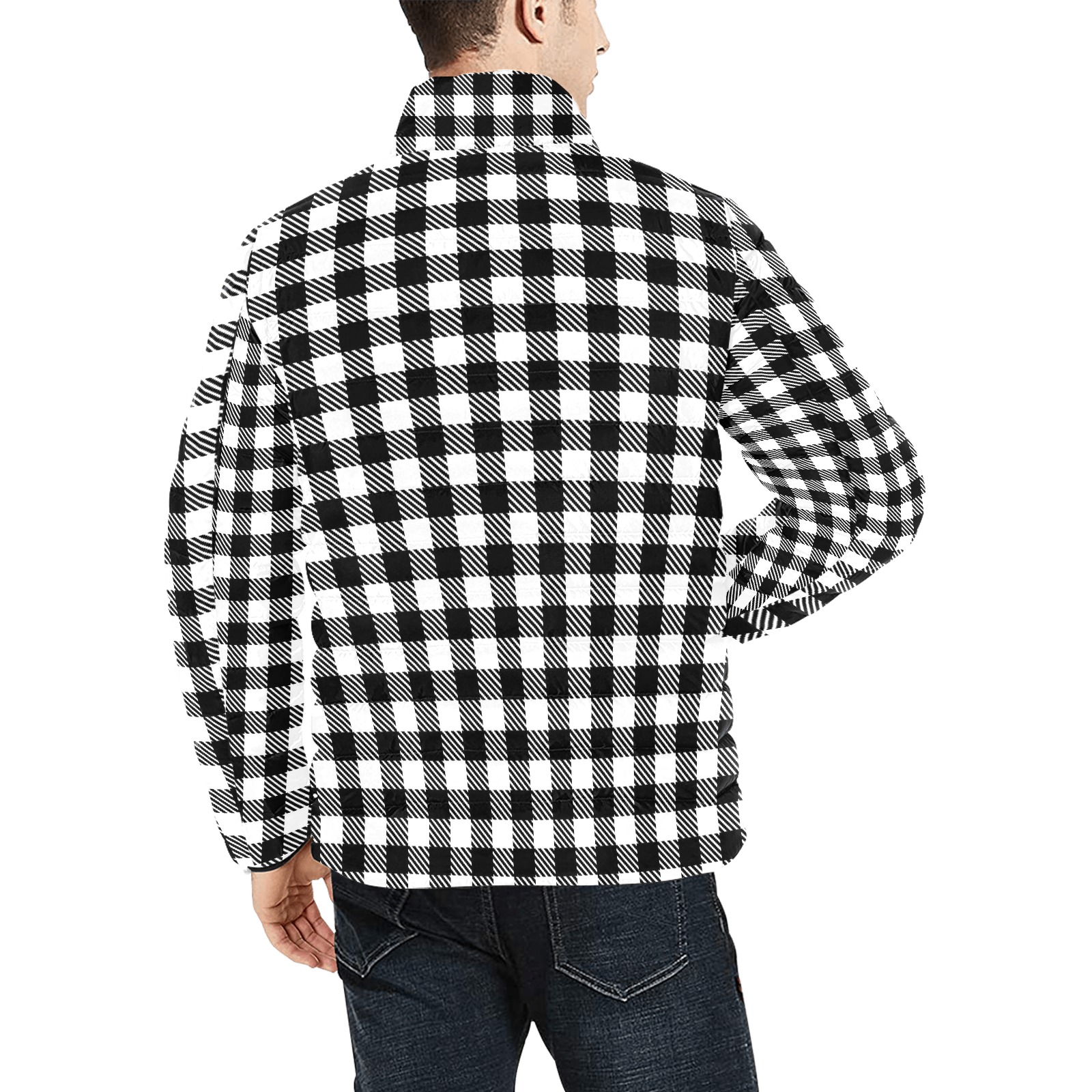 Black and White Checks Men's Stand Collar Padded Jacket (Model H41)