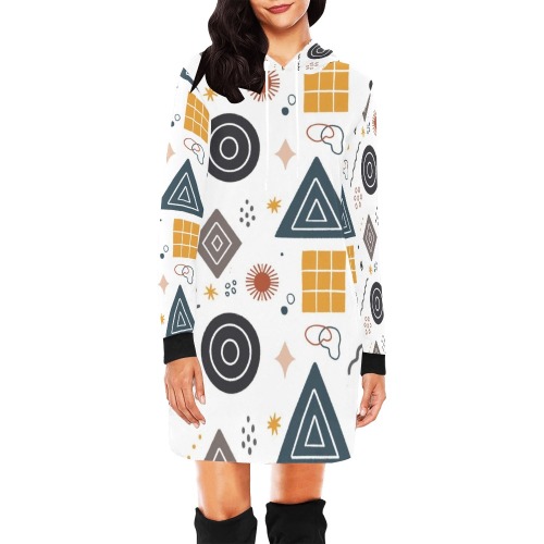 Black and Gold Geometric Abstract All Over Print Hoodie Mini Dress (Model H27)
