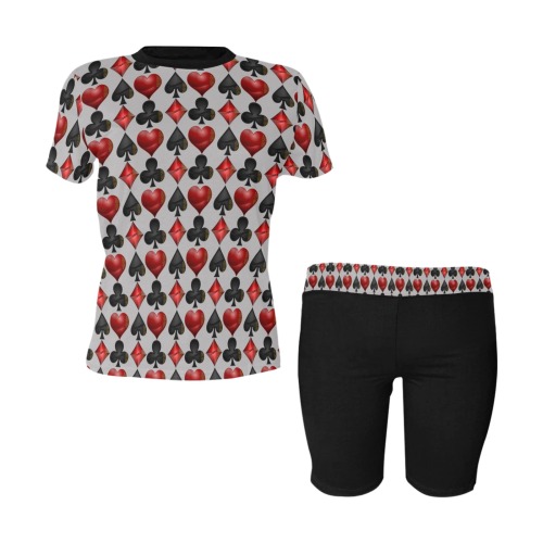 Black and Red Casino Card Shapes on Silver Women's Short Yoga Set