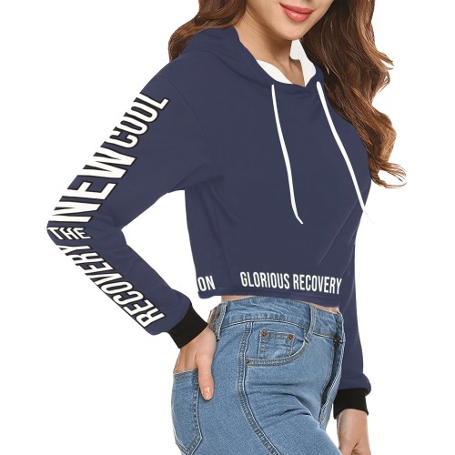 New Cool Navy Blue All Over Print Crop Hoodie for Women (Model H22)
