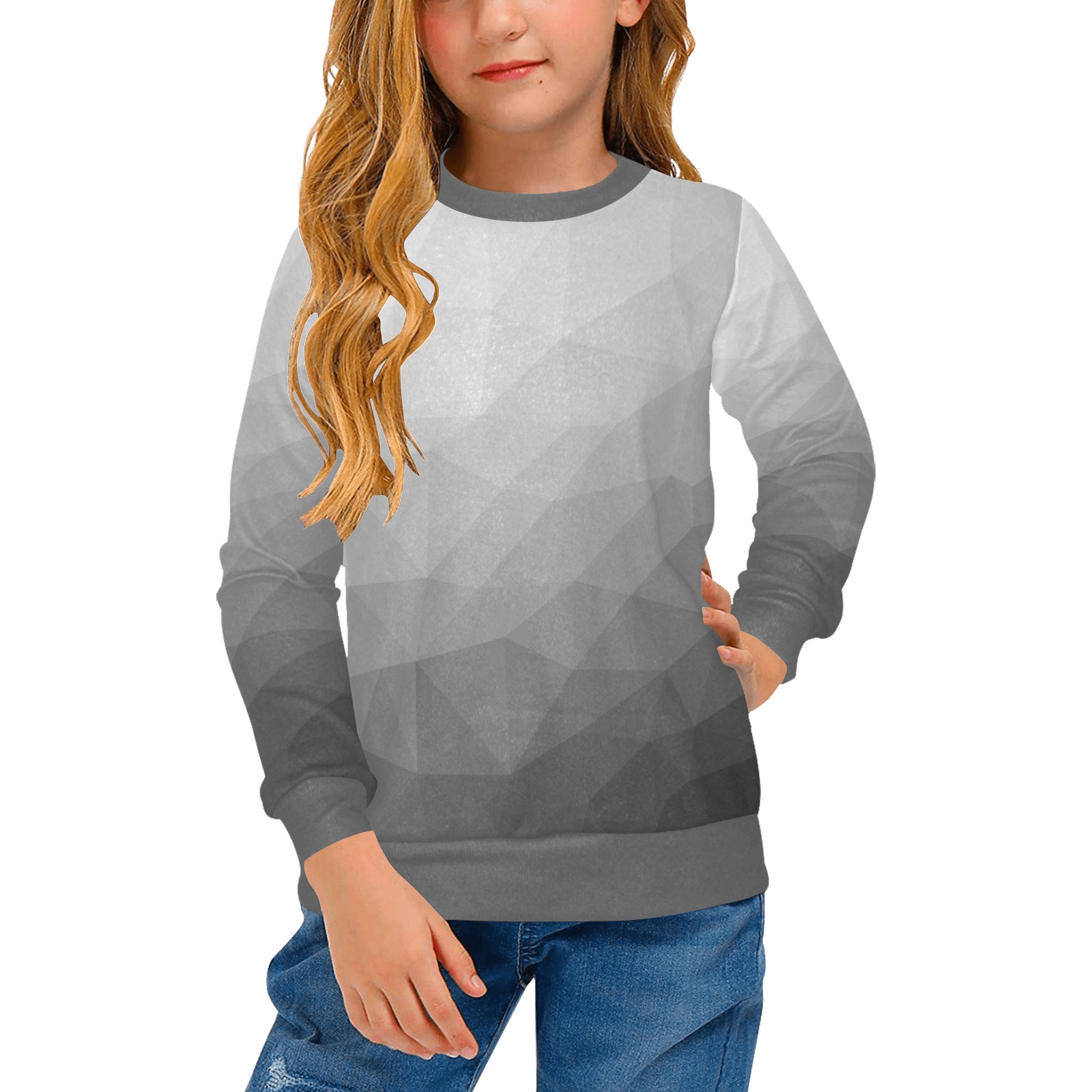 Grey Gradient Geometric Mesh Pattern Girls' All Over Print Crew Neck Sweater (Model H49)