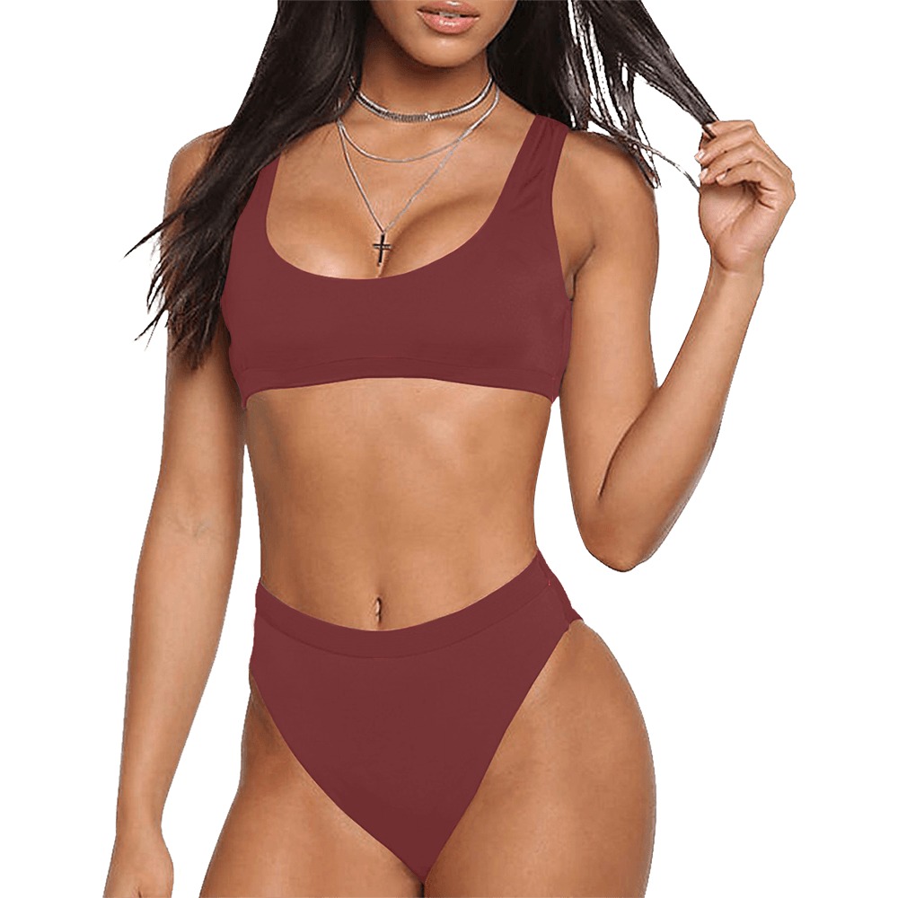 brown Sport Top & High-Waisted Bikini Swimsuit (Model S07)