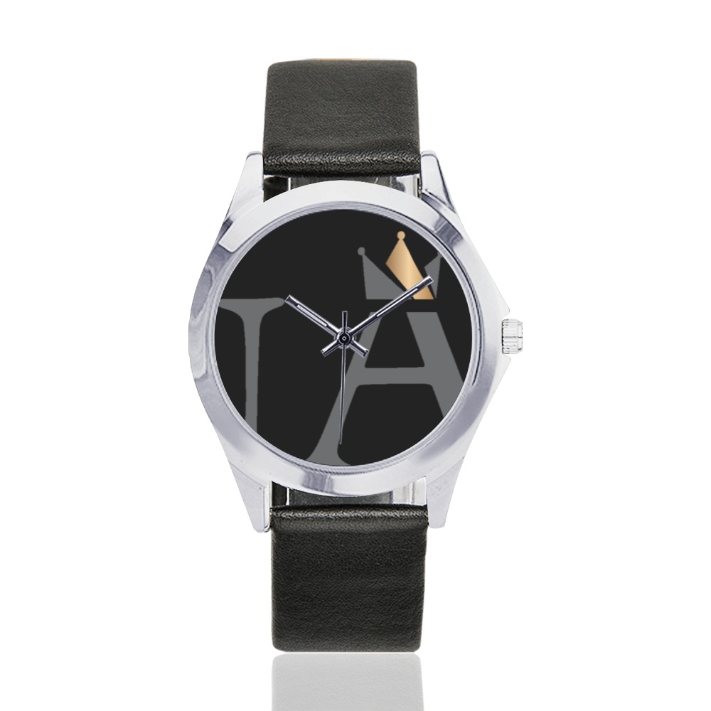 MONARCH Black and Gold Unisex Silver-Tone Round Leather Watch (Model 216)