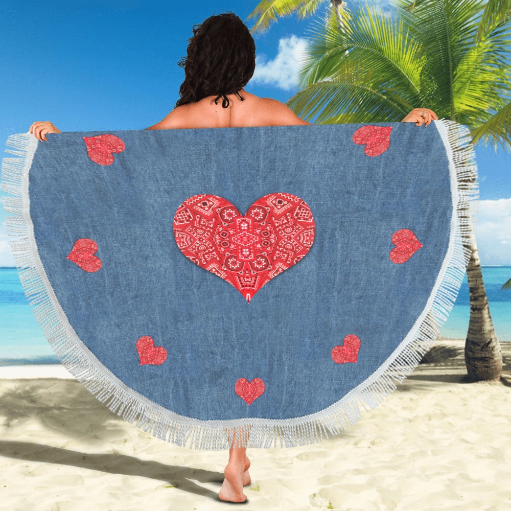 Red Bandana Heart on Denim-Look Circular Beach Shawl 59"x 59"