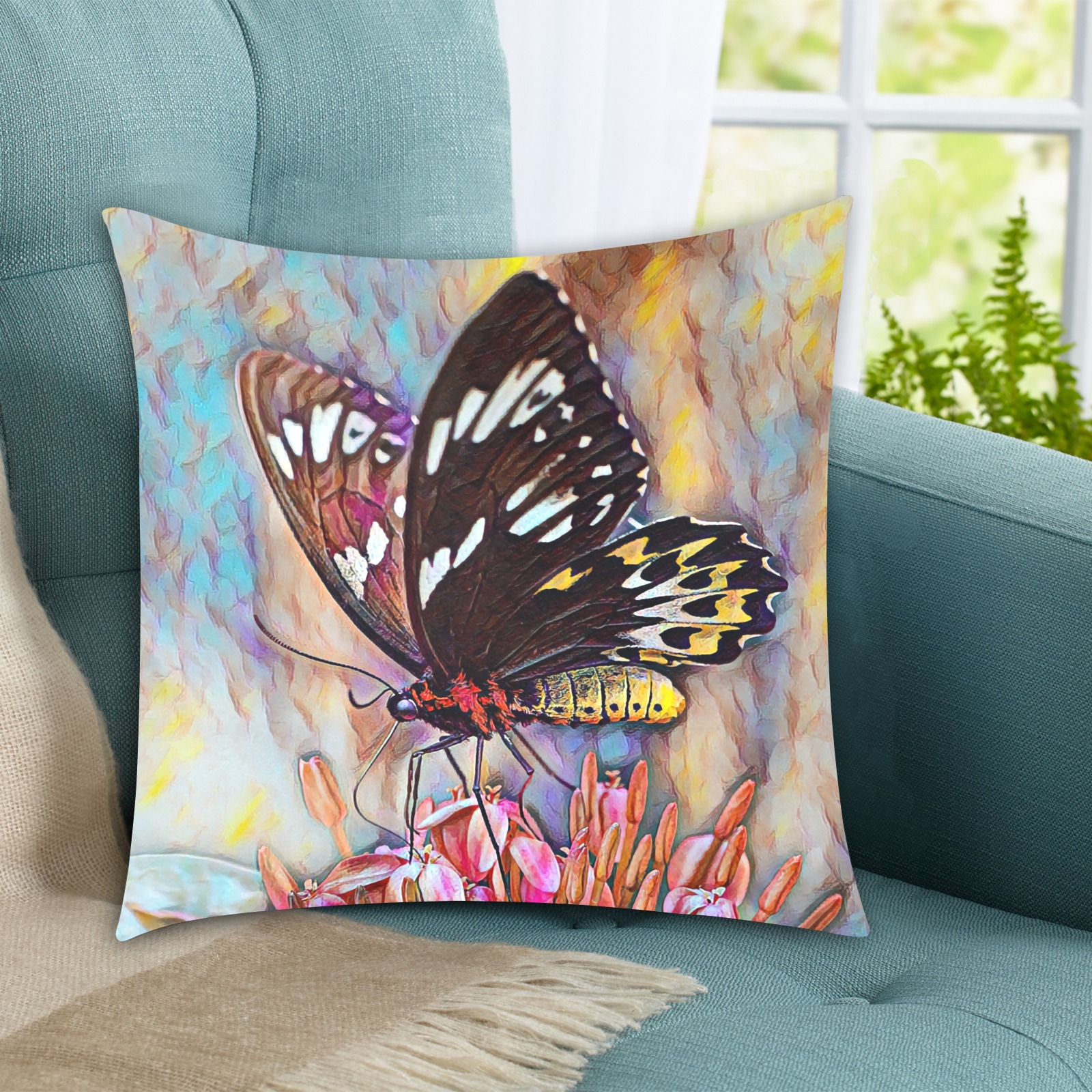 Butterfly On Flower. Oil painting Custom Zippered Pillow Cases 18"x18" (Two Sides)