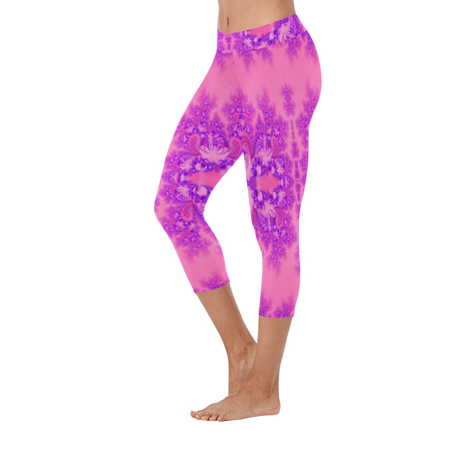 Purple and Pink Hydrangeas Frost Fractal Women's Low Rise Capri Leggings (Invisible Stitch) (Model L08)