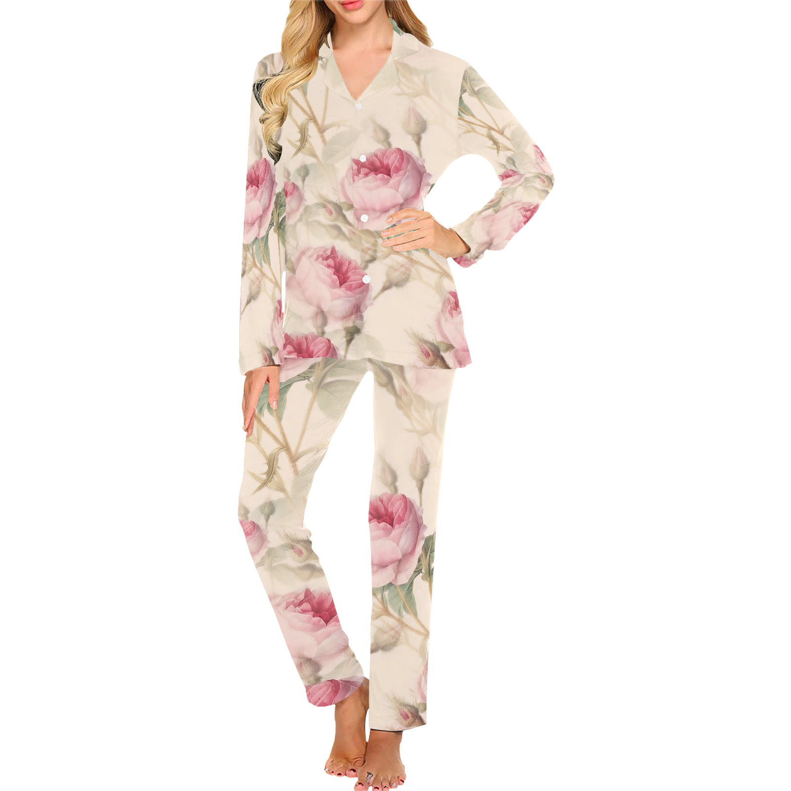 Vintage Pink Rose Garden Pattern Women's Long Pajama Set