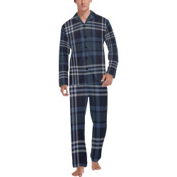 Blue Plaid PJ 2024 Men's V-Neck Long Pajama Set