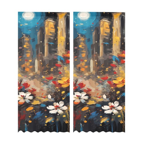 Urban floral theme. Skyscrapers, flowers at night Gauze Curtain 28"x95" (Two-Piece)