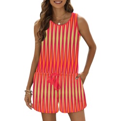 Tribal striped cream orange deep magenta All Over Print Vest Short Jumpsuit