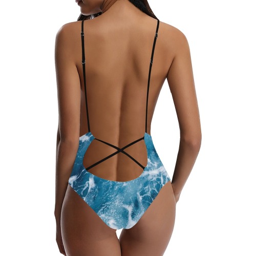 Ocean Waves Sexy Lacing Backless One-Piece Swimsuit (Model S10)