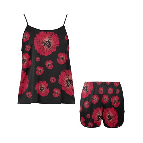 Ô Scarlet Poppies on Black Women's Spaghetti Strap Short Pajama Set