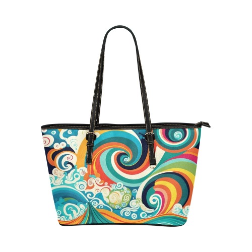Colorful Ocean Waves Leather Tote Bag/Small (Model 1651)