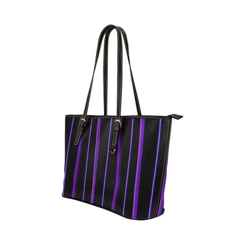 Ultraviolet Purple Stripes on Black Leather Tote Bag/Large (Model 1651)