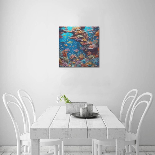 Golden fishes and colorful corals. Ocean reef art. Upgraded Canvas Print 16"x16"