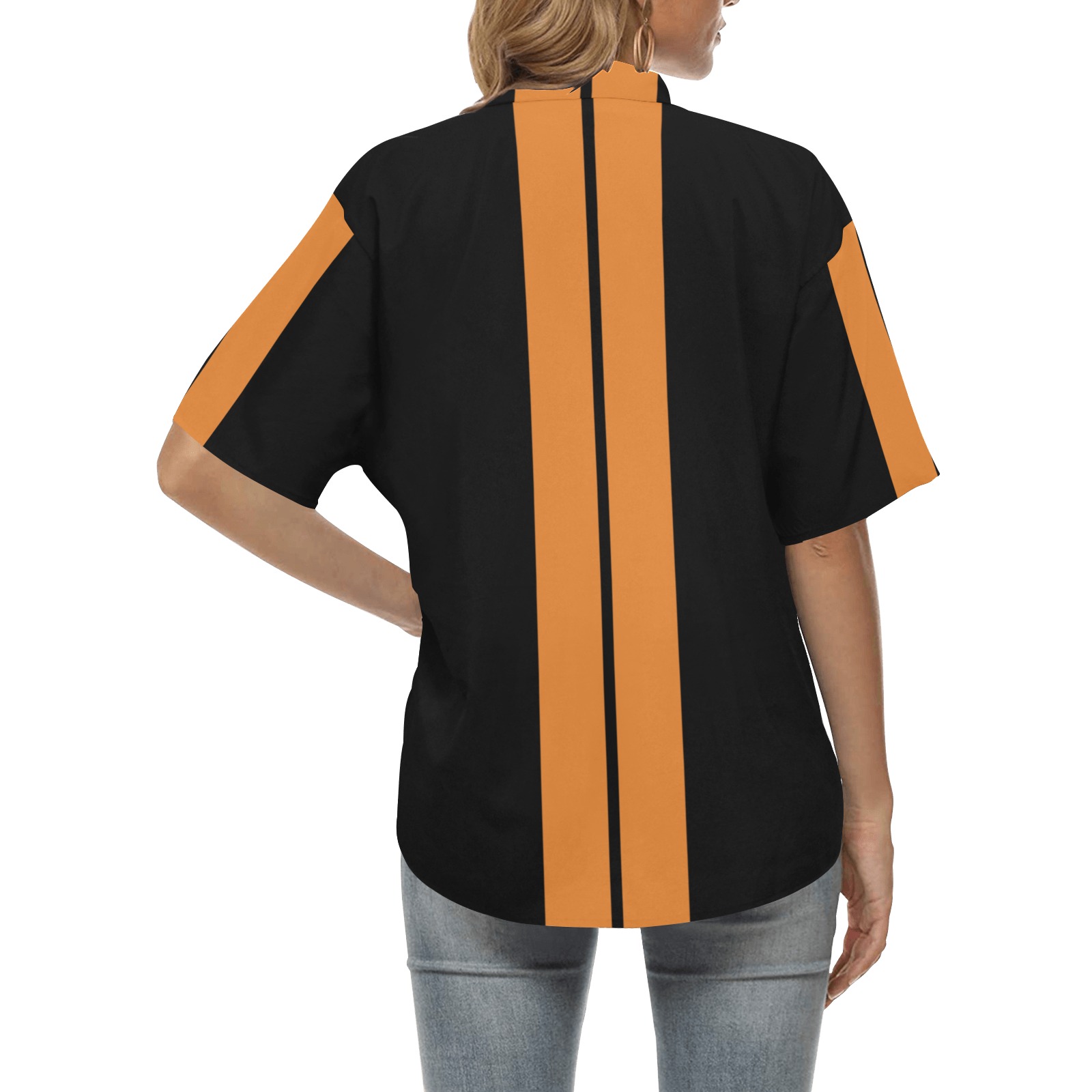 Race Car Stripe Center Black / Orange All Over Print Hawaiian Shirt for Women (Model T58)