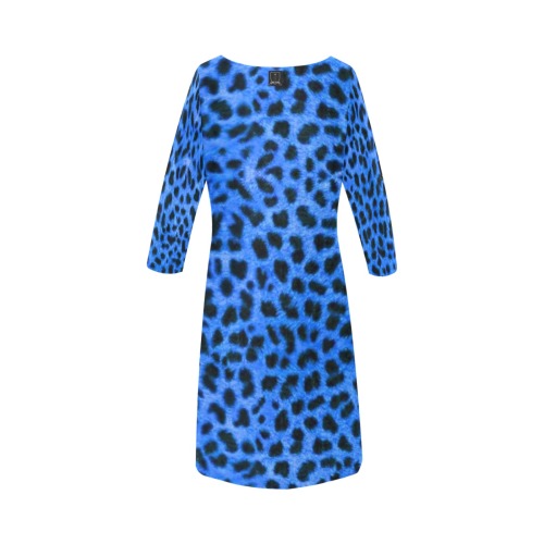 DIONIO Clothing - Ladies' Blue & Black Cheetah Rhea Loose Round Neck Dress Rhea Loose Round Neck Dress(Model D22)