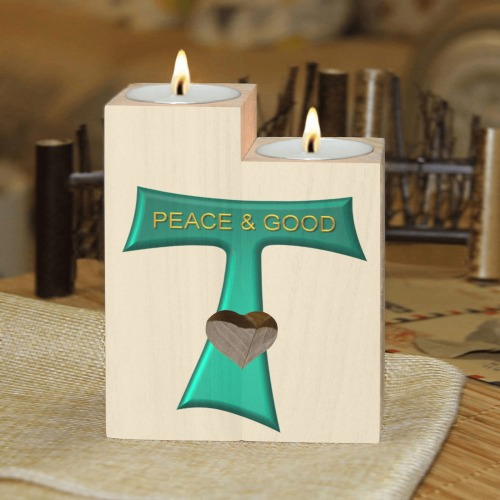 Franciscan Tau Cross Peace and Good Green Steel Metallic Wooden Candle Holder (Without Candle)