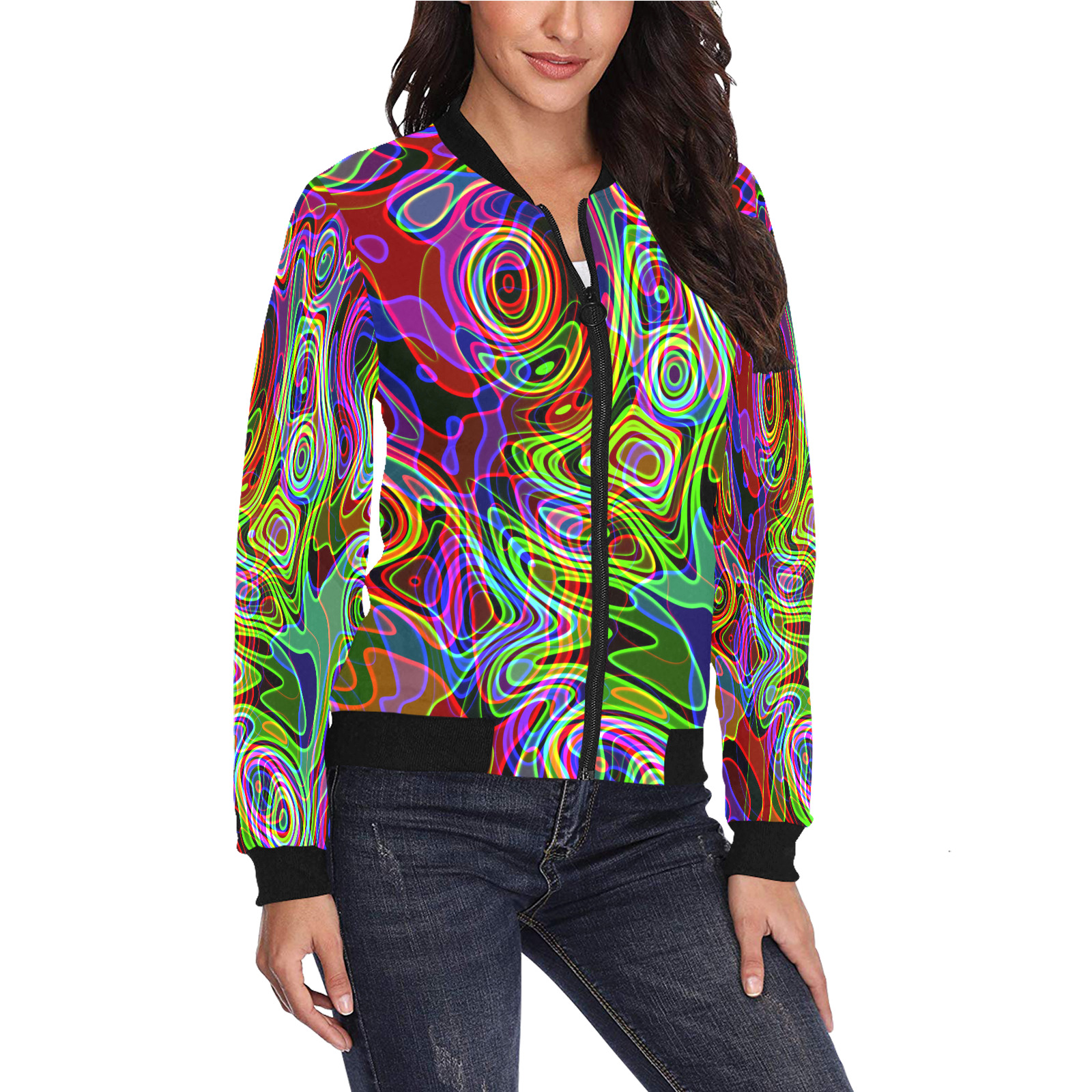 Abstract Retro Neon Pattern Background Design All Over Print Bomber Jacket for Women (Model H36)