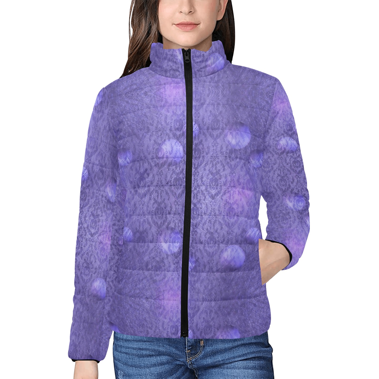 Very peri Trend Pop Art by Nico Bielow Women's Stand Collar Padded Jacket (Model H41)