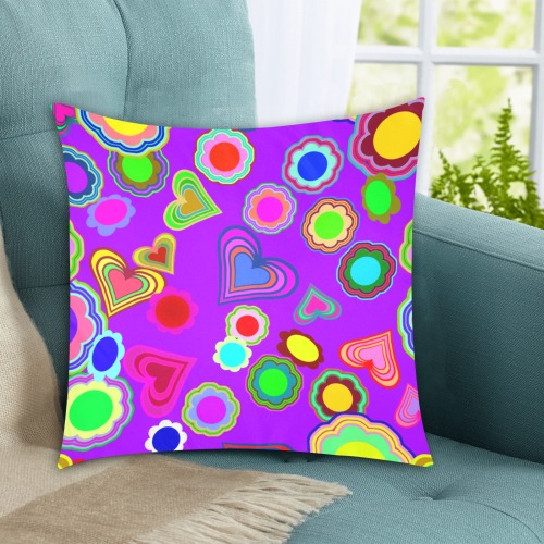 Groovy Hearts and Flowers Purple Custom Zippered Pillow Cases 18"x18" (Two Sides)