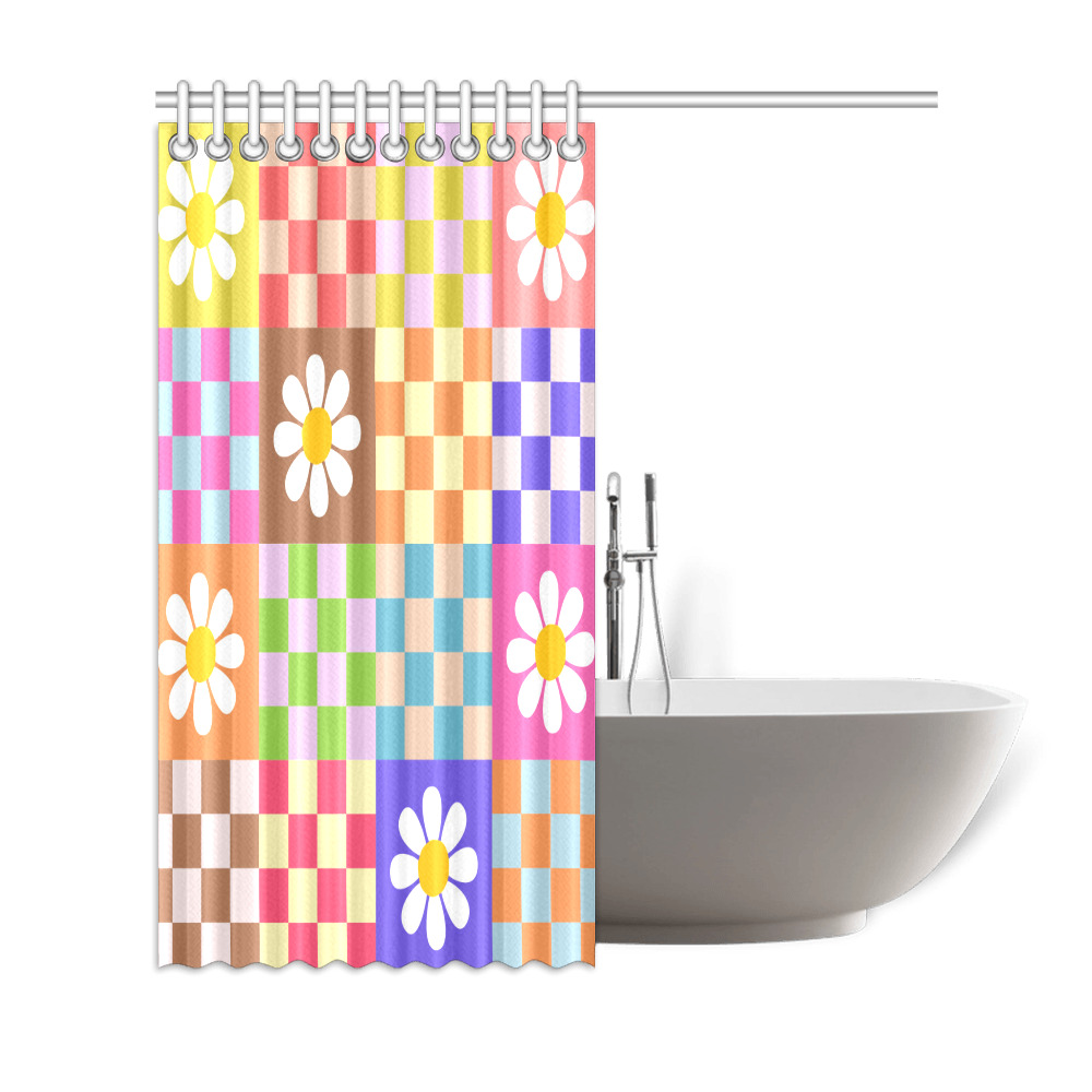 Mid Century Geometric Checkered Retro Floral Daisy Flower Pattern Shower Curtain 69"x72"
