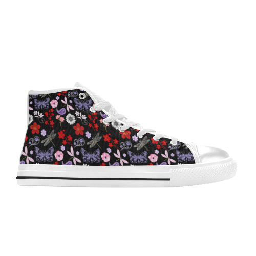 Black, Red, Pink, Purple, Dragonflies, Butterfly and Flowers Design Women's Classic High Top Canvas Shoes (Model 017)