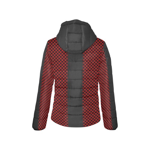 Checkerboard Red Black Stripe Racing Women's Padded Hooded Jacket (Model H46)