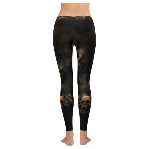 Gothic Skulls at Cemetery Halloween Women's Low Rise Leggings (Invisible Stitch) (Model L05)