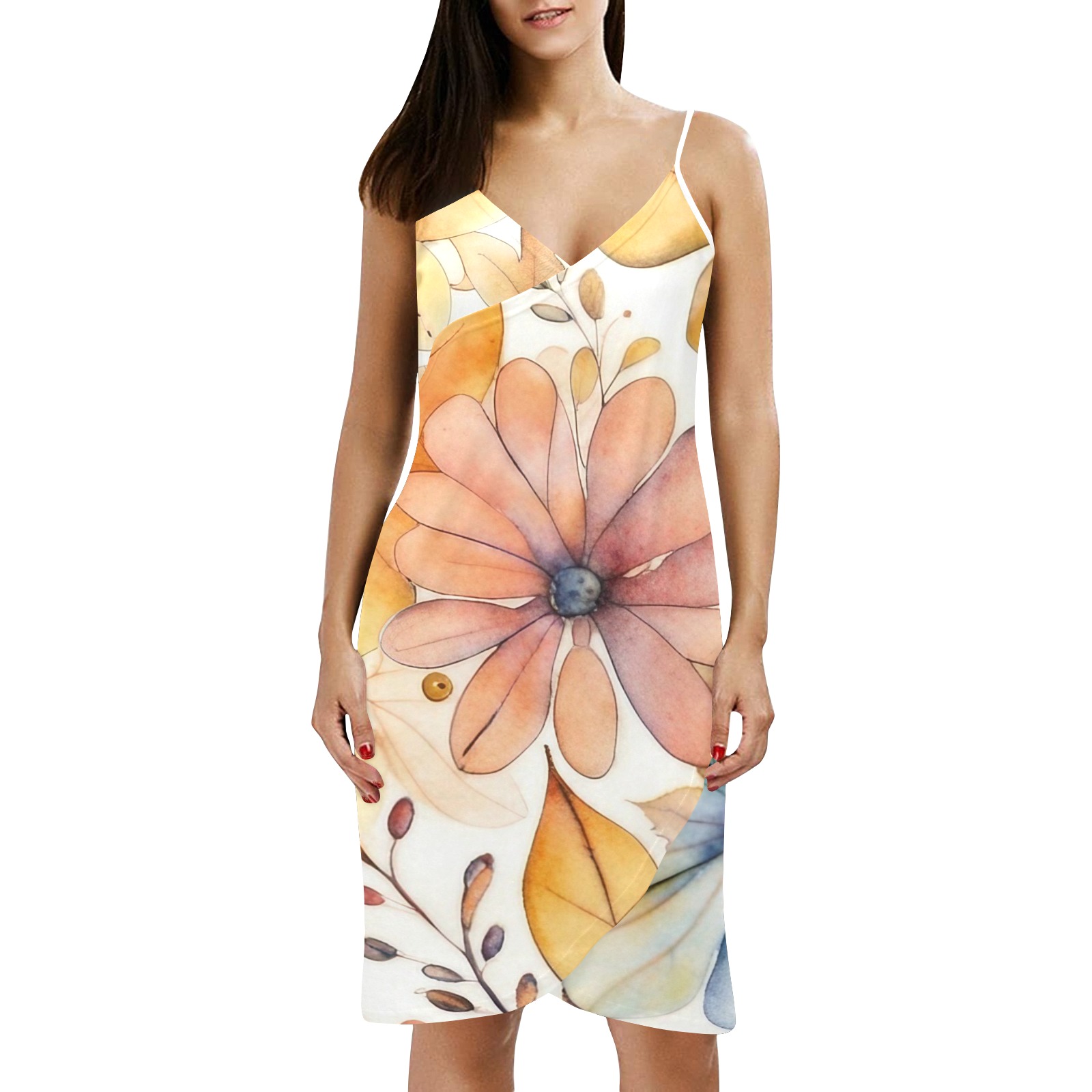 Watercolor Floral 2 Spaghetti Strap Backless Beach Cover Up Dress (Model D65)
