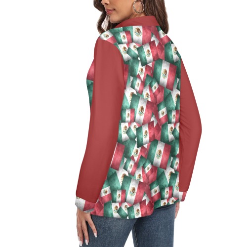 Mexican Flags Pattern / Red Women's Long Sleeve Polo Shirt (Model T73)