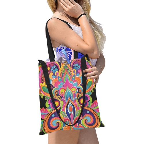 Abstract Retro Hippie Paisley Floral All Over Print Canvas Tote Bag/Medium (Model 1698)