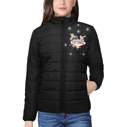 Las Vegas Welcome Sign Women's Stand Collar Padded Jacket (Model H41)