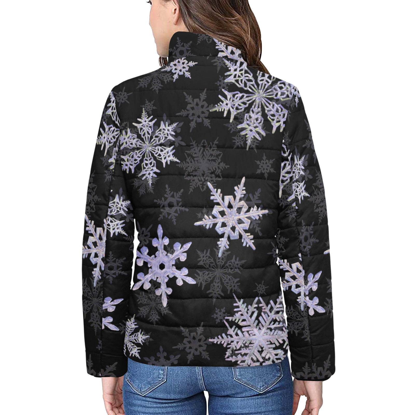 Snowflakes Winter Christmas pattern on black Women's Stand Collar Padded Jacket (Model H41)