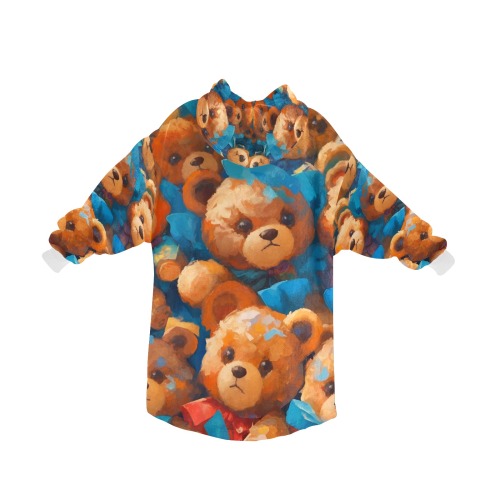 Group of toy teddy bears, blue and red ribbons. Blanket Hoodie for Kids