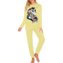 Spring Flower Unicorn Skull Soft Yellow Women's All Over Print Pajama Set
