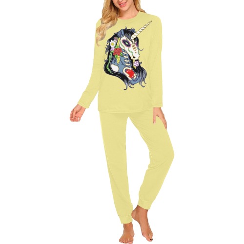 Spring Flower Unicorn Skull Soft Yellow Women's All Over Print Pajama Set