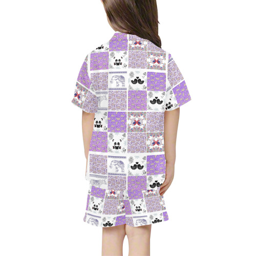Purple Paisley Birds and Animals Patchwork Design Little Girls' V-Neck Short Pajama Set