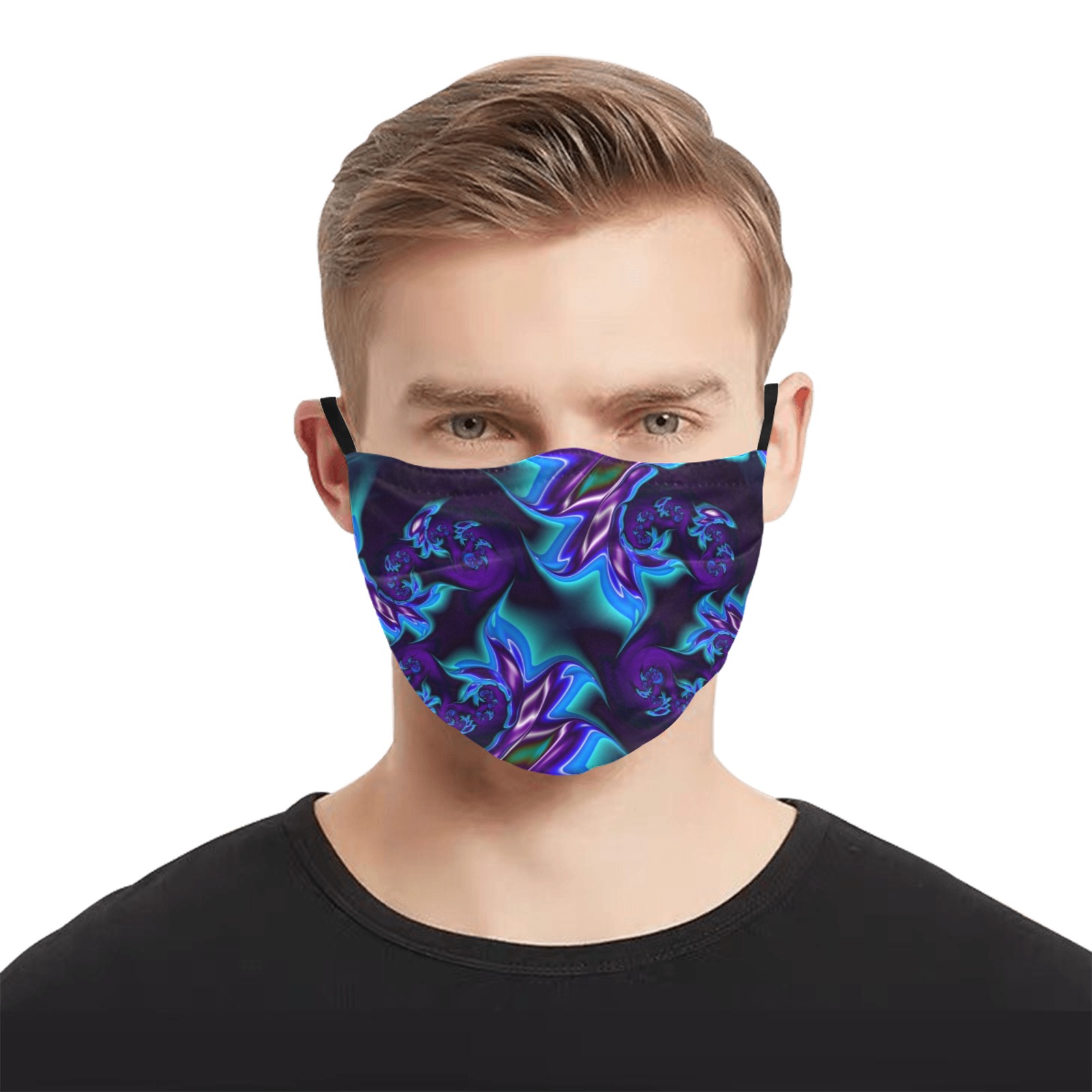 Aqua Blue and Purple Flowers Fractal Abstract Pleated Mouth Mask for Adults (Model M08)