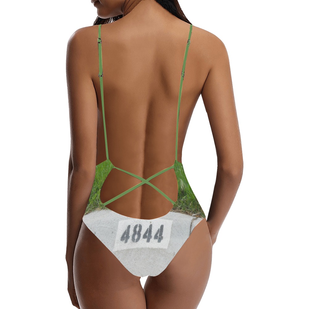 Street Number 4844 with green straps Sexy Lacing Backless One-Piece Swimsuit (Model S10)