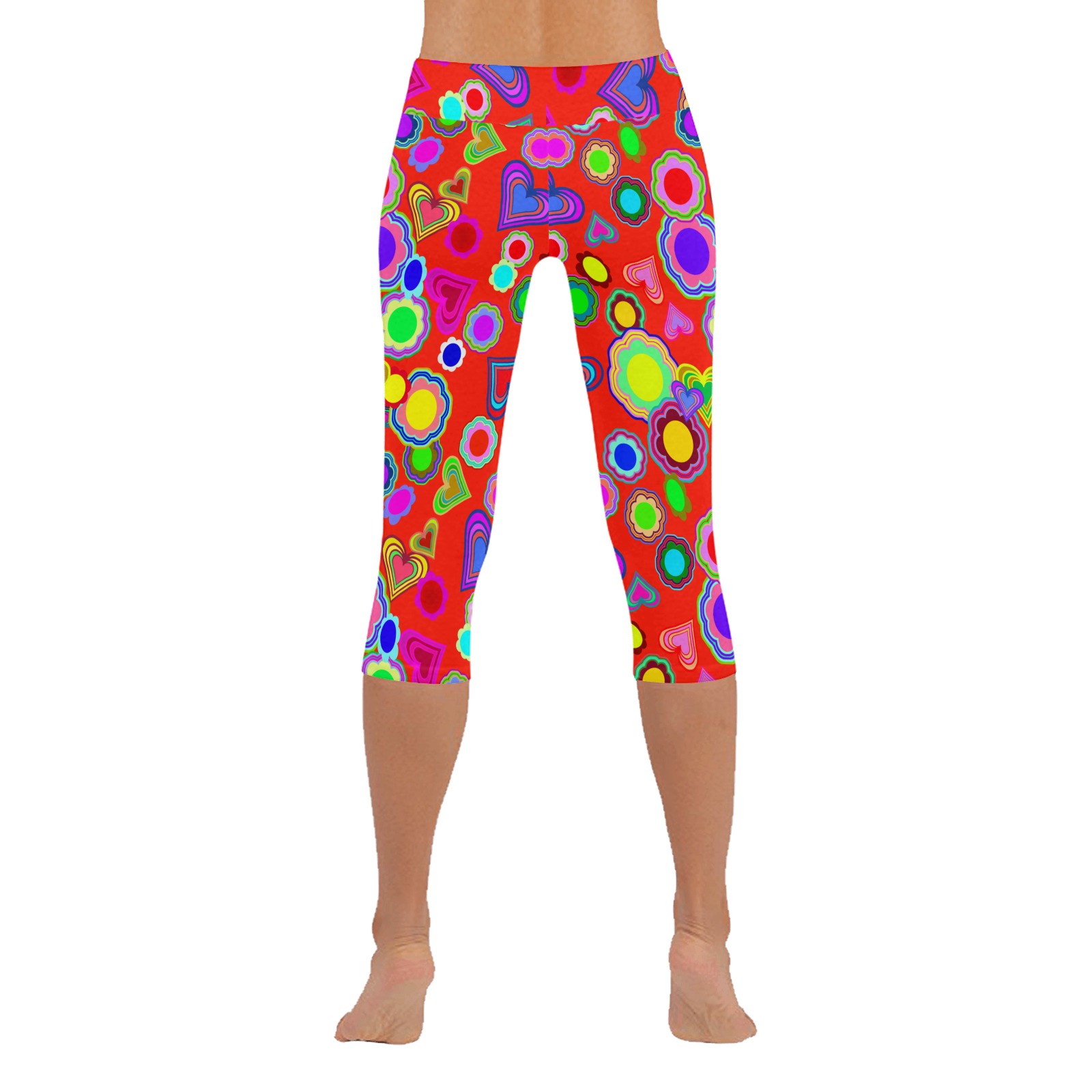 Groovy Hearts and Flowers Red Women's Low Rise Capri Leggings (Invisible Stitch) (Model L08)
