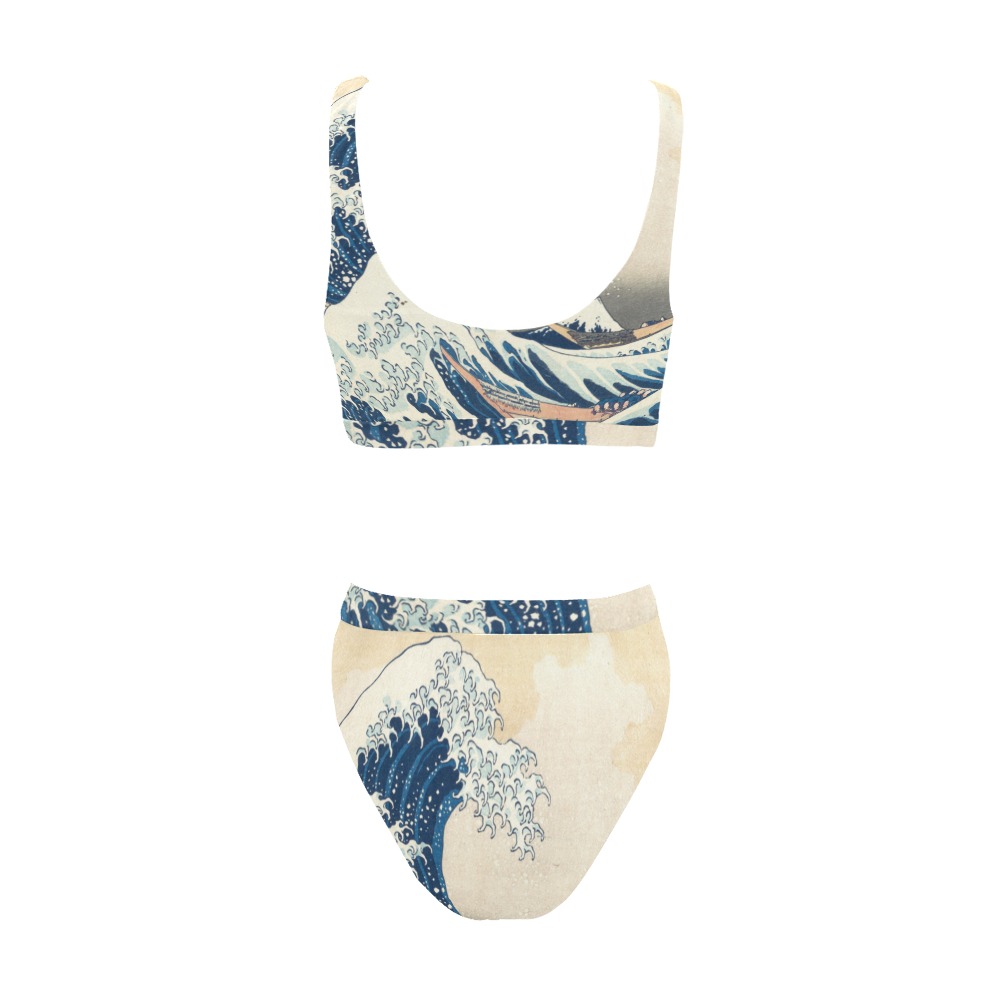 The Classic Japanese Great Wave off Kanagawa by Hokusai Sport Top & High-Waisted Bikini Swimsuit (Model S07)