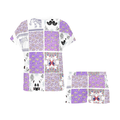 Purple Paisley Birds and Animals Patchwork Design Women's Short Pajama Set